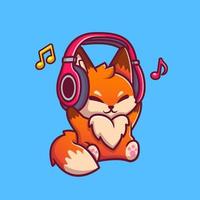 lindo zorro escuchando música con ilustración de icono de vector de dibujos animados de auriculares. concepto de icono de música animal vector premium aislado. estilo de dibujos animados plana