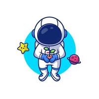 astronauta sosteniendo la planta en el espacio con la ilustración del icono del vector de dibujos animados de estrellas y planetas. concepto de icono de ciencia de personas vector premium aislado. estilo de dibujos animados plana