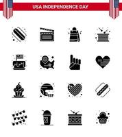 USA Happy Independence DayPictogram Set of 16 Simple Solid Glyphs of cake independence handbag independence drum Editable USA Day Vector Design Elements