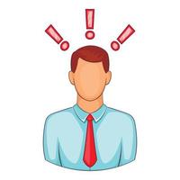 Man with exclamation marks icon, cartoon style vector