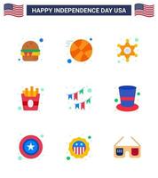 Happy Independence Day Pack of 9 Flats Signs and Symbols for party buntings police american food Editable USA Day Vector Design Elements