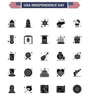25 USA Solid Glyph Signs Independence Day Celebration Symbols of grill barbecue police mortar cannon Editable USA Day Vector Design Elements