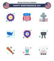 Set of 9 Vector Flats on 4th July USA Independence Day such as sign police cross shield united Editable USA Day Vector Design Elements