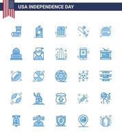 Group of 25 Blues Set for Independence day of United States of America such as burger sports circus bat ball Editable USA Day Vector Design Elements