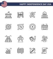 Set of 16 Modern Lines pack on USA Independence Day police landmark entrance city police Editable USA Day Vector Design Elements
