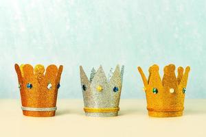 Three crowns of the three wise men with copy space. Concept for Reyes Magos day. Three Wise Men photo