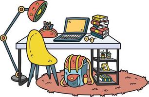 Hand Drawn Desk with school bag and lamp interior room illustration vector