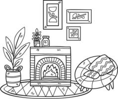 Hand Drawn Fireplace with plants and sofa interior room illustration vector