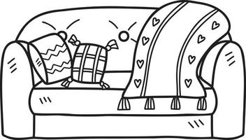 sofá dibujado a mano con manta de corazón y linda ilustración de almohadas vector