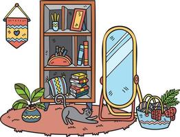 Hand Drawn mirror and bookcase interior room illustration vector