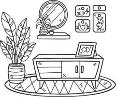 Hand Drawn shelf with plants on carpet interior room illustration vector