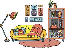 Hand Drawn couch with lamps and shelves on the carpet interior room illustration
