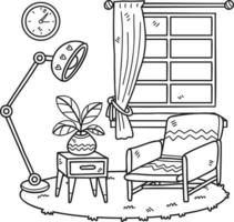 sillón dibujado a mano con plantas y lámpara en la ilustración de la habitación interior de la alfombra vector