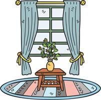 ventana dibujada a mano con plantas en maceta e ilustración de alfombras vector