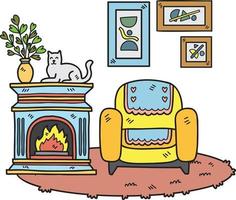 chimenea dibujada a mano con gatos y sofá ilustración de la habitación interior vector