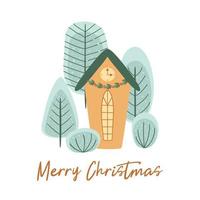 Winter house, winter trees. New Year and Christmas holidays elements. Stylized winter character house. Christmas city landscape, forest, park. Cute greeting card. Winter time. Vector illustration.
