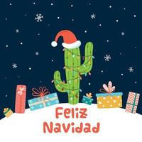Cactus Christmas tree background Card full gifts present boxes on snowy dark landscape Hand drawn cute funny cactus in Santa hat. Text Merry Christmas in Spanish. Graphic drawing. Vector illustration.