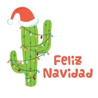 cactus de navidad en gorro de santa texto feliz navidad en español cactus de luz de navidad estampado de navidad alternativo. felices vacaciones. linda tarjeta de felicitación. ilustración vectorial diseño mexicano dibujado a mano. vector