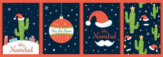 Spanish Christmas cards set Text Feliz Navidad, Ano Nuevo decorated Christmas cactus, Santa hat, mustache, ball on dark blue background. Winter invitation, greeting card, prints. Vector illustration.