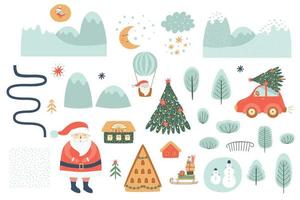 Winter hand drawn landscape creator. Christmas landscape elements set. New Year winter landscape with houses, mountains, Santa, snowmen, tree, car. Top view. Cute vector illustration. Outdoor clipart.
