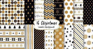 Merry Christmas and Happy New Year Set of gold golden black seamless backgrounds with holiday symbols candy sweets trees snowflakes christmas ball gift abstract hipster patterns Vector collection