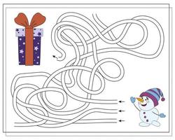 A puzzle game for kids, go through the maze. Cartoon Snowman. vector