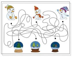 A puzzle game for kids, go through the maze. Cartoon Snowman. vector