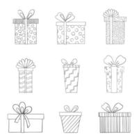 a set of gift boxes with bows of different shapes and patterns in a thin line. vector illustration of a doodle.