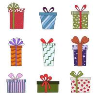 a set of gift boxes with bows of different shapes and patterns. vector illustration of a doodle.