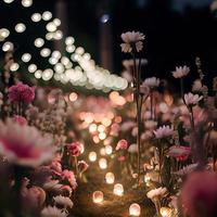 Field of blooming flowers in an enchanted garden with fairy lights photo