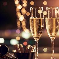 copas de champán contra luces navideñas y fuegos artificiales de año nuevo foto