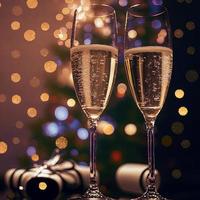 champagne glasses against holiday lights and new year fireworks