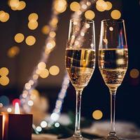 champagne glasses against holiday lights and new year fireworks photo