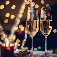 champagne glasses against holiday lights and new year fireworks