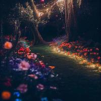 Field of blooming flowers in an enchanted garden with fairy lights photo