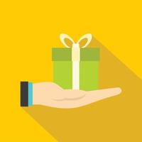 Gift box in hand icon, flat style vector