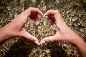 Female making heart shape with hands in water photo