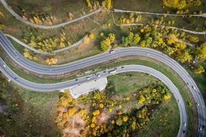 bird's-eye view of the road with an autumn forest and a road slot. photo