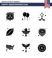 Pack of 9 creative USA Independence Day related Solid Glyphs of animal usa american sport ball Editable USA Day Vector Design Elements