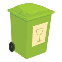 Green trashcan icon, cartoon style vector