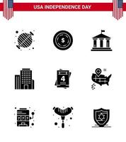 USA Independence Day Solid Glyph Set of 9 USA Pictograms of wedding invitation bank american building Editable USA Day Vector Design Elements