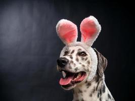 Portrait of a Dalmatian dog in a Santa Claus hat, highlighted on a black background. photo