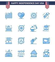 Blue Pack of 16 USA Independence Day Symbols of shield instrument star drum fireworks Editable USA Day Vector Design Elements