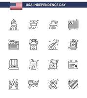 Big Pack of 16 USA Happy Independence Day USA Vector Lines and Editable Symbols of frise video sweet movis usa Editable USA Day Vector Design Elements