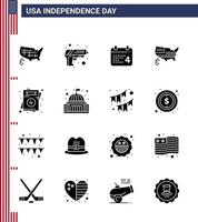 Happy Independence Day Pack of 16 Solid Glyphs Signs and Symbols for love usa calender thanksgiving american Editable USA Day Vector Design Elements