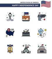 Modern Set of 9 Flat Filled Lines and symbols on USA Independence Day such as instrument american usa map weapon Editable USA Day Vector Design Elements