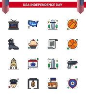 feliz día de la independencia 16 líneas planas rellenas paquete de iconos para web e impresión boot usa building football american editable usa day elementos de diseño vectorial vector