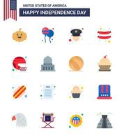 Pack of 16 USA Independence Day Celebration Flats Signs and 4th July Symbols such as state helmet officer football sausage Editable USA Day Vector Design Elements