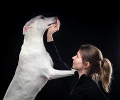 young pretty woman poses with her pet-white, highlighted on a black background. photo