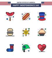 Modern Set of 9 Flat Filled Lines and symbols on USA Independence Day such as star military hat badge american Editable USA Day Vector Design Elements